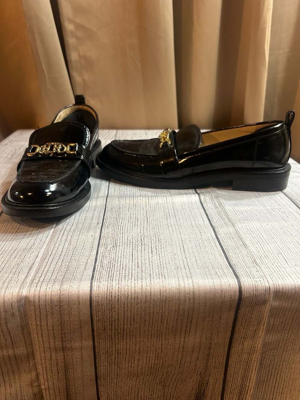 Sam Edelman Black Patent Leather Loafers with Gold Hardware